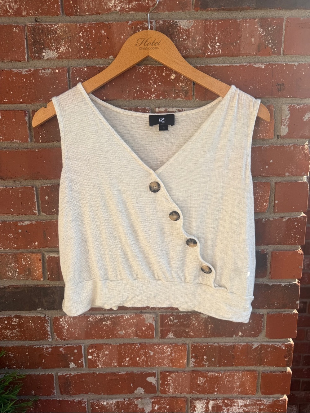 Byer California Cream Ribbed Cropped Tank with Diagonal Button Detail